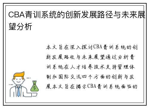 CBA青训系统的创新发展路径与未来展望分析