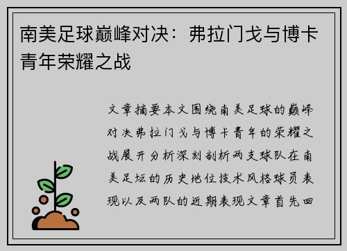 南美足球巅峰对决：弗拉门戈与博卡青年荣耀之战